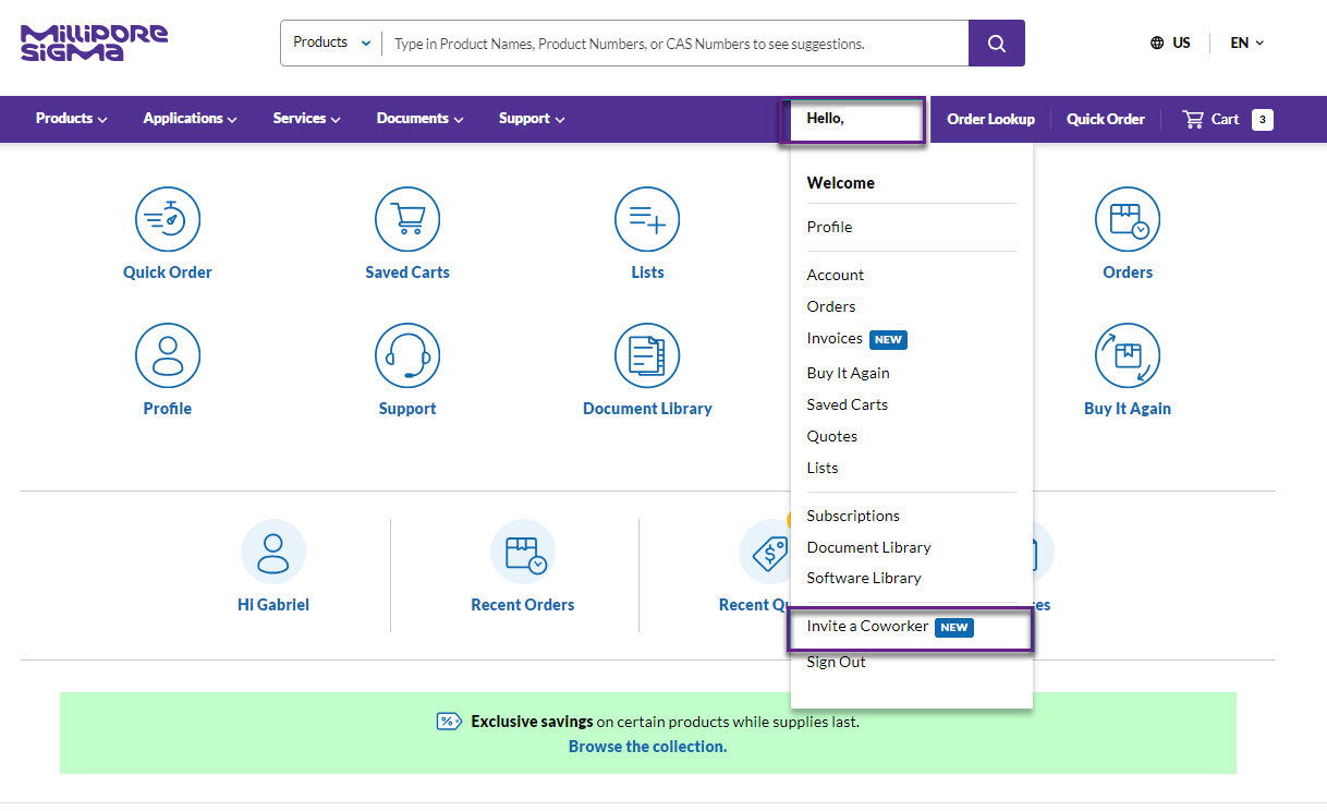 用户登录并打开用户菜单，选择 "邀请同事 "选项。