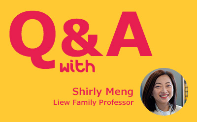 黄色背景，标题为"与李氏家族讲席教授孟雪莉的问答"，右下角配有孟雪莉的头像照片。