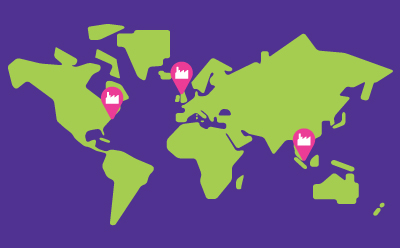 Illustration of a map with 3 pins showing our global footprint: Rockville, MD, USA, Glasgow, and Singapore