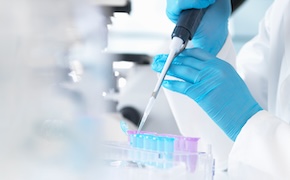 科学家在实验室里处理样品和电子移液器