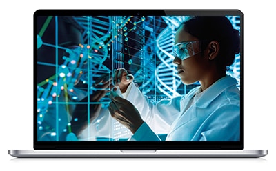 一个身穿白大褂的人正在操作分子模型或 DNA 链，背景是 DNA 和数据模式的数字图像。