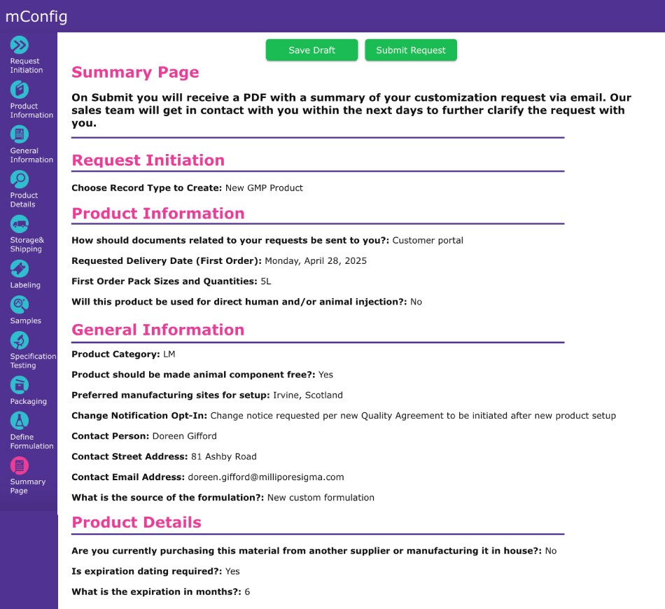 Screenshot of the mConfig™ Configurator’s Summary Page displaying a completed customization request form. It includes submitted details for Request Initiation, Product Information, General Information, and Product Details. Green buttons at the top allow the user to save a draft or submit the request. The summary includes inputs such as product type, delivery date, pack size, manufacturing site, contact details, and formulation source.