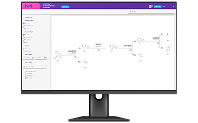 SYNTHIA™ Retrosynthesis 软件屏幕视图，显示化合物合成的详细路径。