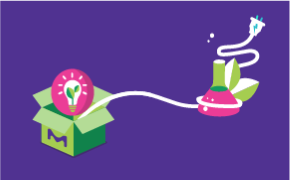 这是一个开放式包装的图形，一个闪亮的灯泡从包装中伸出，里面装满了两片树叶。一个电源插头也从包装的一侧伸出，缠绕在一个装有两片树叶的埃伦迈尔烧瓶上。