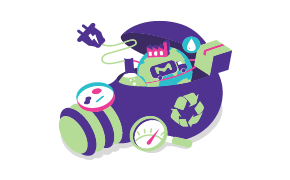 一个灯泡侧卧的图形，带有一个开口。灯泡的开口处还溢出了其他一些图形，如电源插头、配送车、包裹、埃伦梅耶烧瓶、培养皿、显微镜和地球的图形。