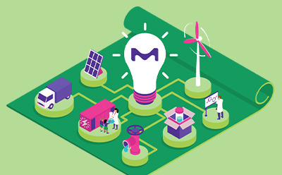 Illustration of sustainability: a vibrant M light bulb surrounded by icons of eco-friendly practices.
