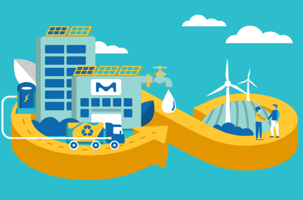 A yellow arrow with buildings and windmills