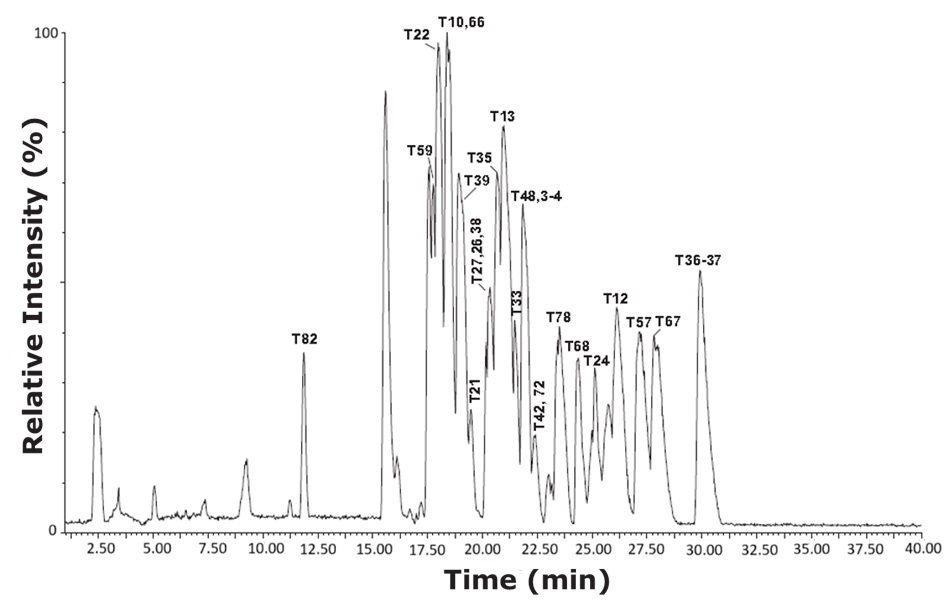 A base peak chromatogram resulting from the analysis of tryptic peptides derived from bovine serum albumin at a concentration of 10 pmol/μL, using HILIC mode gradient separation. The x-axis represents retention time in minutes, spanning from 0 to 40, while the y-axis shows relative intensity in percentage, ranging from 0 to 100. The chromatographic profile reveals a complex peptide mixture with multiple sharp peaks of varying heights distributed across the time range. Each prominent peak is labeled with identifiers such as T82, T59, T22, T10, T66, T13, T48, T3, T4, T33, T78, T12, T57, T67, T36, T37, and others, indicating specific tryptic peptide fragments. The most intense signals appear between 15 and 25 minutes, suggesting a concentration of peptide elution in this region. The peak labeled T10,66 is among the highest in intensity, indicating strong ion signal response for that peptide. The detailed labeling and peak separation provide insights into the complexity and efficiency of peptide mapping under HILIC gradient conditions.