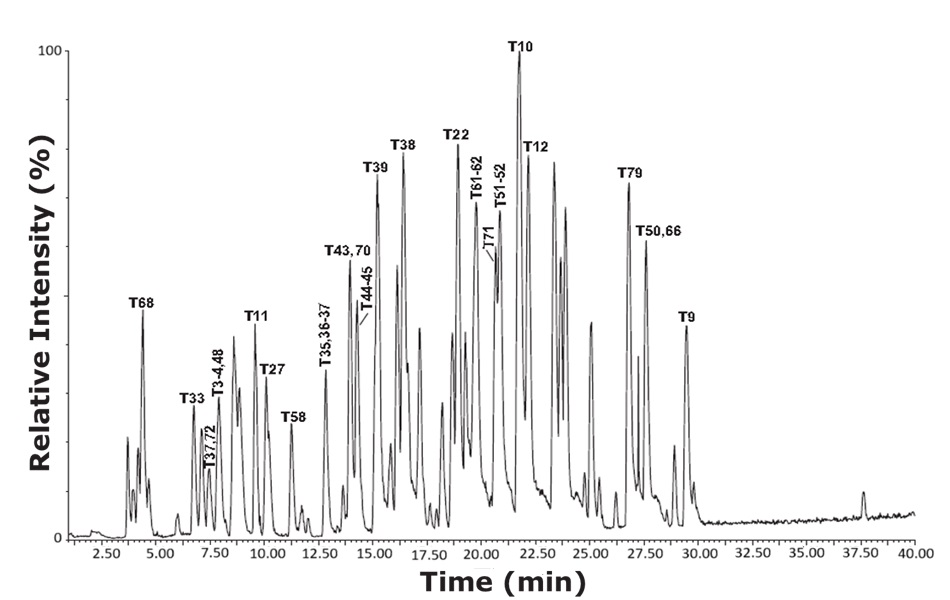 A base peak chromatogram from the analysis of tryptic peptides derived from bovine serum albumin at a concentration of 10 pmol/μL, obtained using reverse-phase liquid chromatography (RPLC) mode with gradient elution. The horizontal axis represents retention time in minutes, ranging from 2.5 to 40, and the vertical axis displays relative intensity in percentage, from 0 to 100. The chromatographic trace shows a series of well-resolved peaks, each corresponding to distinct peptide fragments, with labels such as T68, T33, T13, T4, T48, T11, T27, T58, T35, T36, T37, T43, T70, T44, T45, T38, T39, T22, T61, T62, T71, T51, T52, T10, T12, T79, T50, T66, and T9. The most intense peak, labeled T10, appears at approximately 21 minutes, indicating the dominant peptide in this analysis. Peaks are distributed broadly across the entire time range, with clustering observed between 10 and 30 minutes, highlighting the complexity and resolution capability of the RPLC method for peptide separation. The sharpness and varying heights of the peaks demonstrate good separation efficiency and sensitivity of detection.