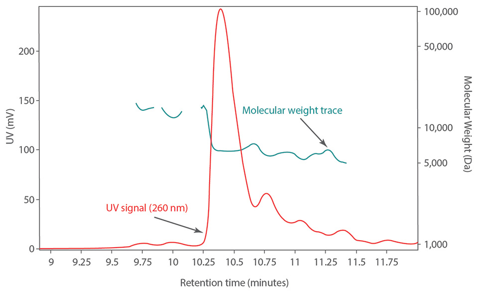 Molecular weight distribution (green) of the unpurified 20-mer 