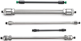 A collection of six High-Performance Liquid Chromatography (HPLC) or Ultra-High Performance Liquid Chromatography (UHPLC) columns. The columns are cylindrical,and vary in length. They feature different types of connectors, including screw-threaded and quick-release types, used to attach them to chromatography systems. These columns are essential for separating, identifying, and quantifying components in a mixture, commonly used in analytical chemistry.