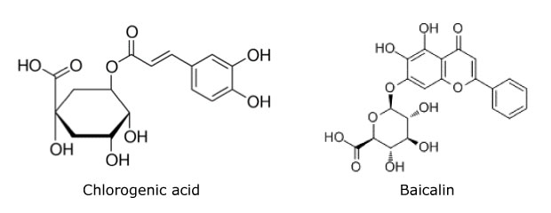 2-D chemical structures (bond line structure) of chlorogenic acid and baicalin used to measure analytes in compounded Lonucerae Japonicae Flos using a Discovery® HS C18 