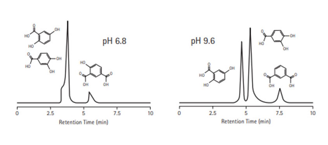 Side-by-side chromatograms comparing the retention times of compounds at two different pH levels: 6.8 on the left and 9.6 on the right. Each graph shows a distinct peak pattern, with the pH 6.8 chromatogram displaying a single prominent peak, while the pH 9.6 chromatogram reveals multiple peaks. Inset structures illustrate the chemical compounds analyzed, highlighting their molecular differences at the two pH levels.