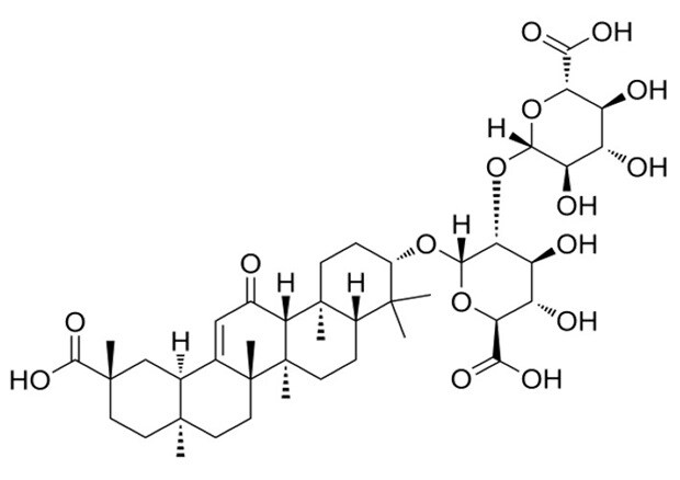 Glycyrrhizic acid Chemical structure of glycyrrhizic acid showing its triterpenoid backbone and attached sugar moieties.