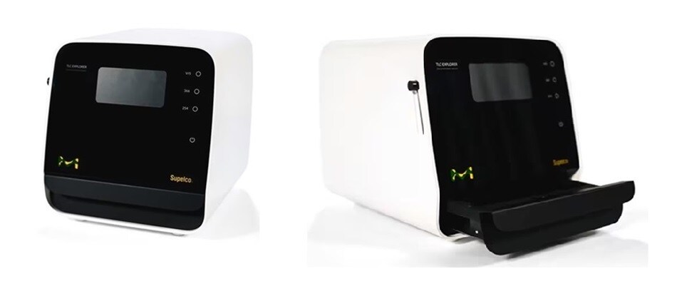  Front and angled view of the TLC Explorer imaging system, showing the touchscreen interface and sample tray used for TLC plate visualization.