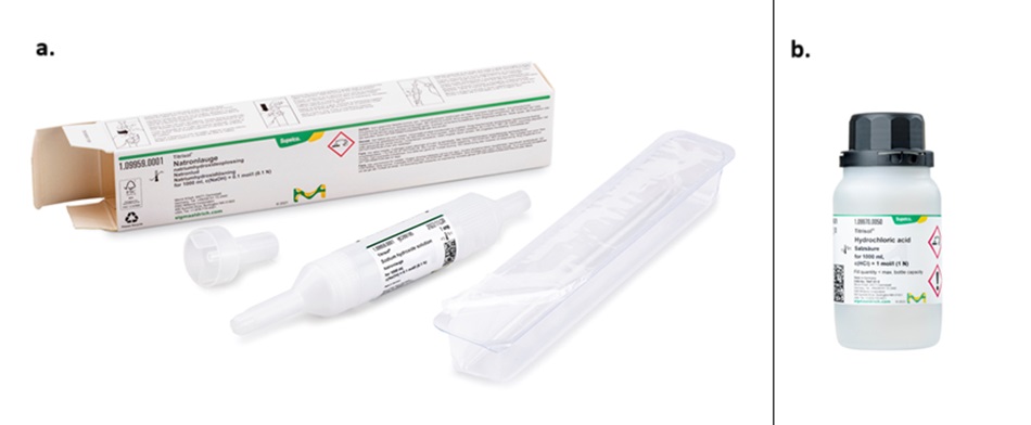 On the left side, there is a hydrochloric acid ampoule packaging consisting of a small, white polyethylene (PE) ampoule lying in front of a rectangular cardboard carton with a printed label. Beside the ampoule are a transparent PE funnel and a clear PVC blister pack used to hold the contents securely. The label on the ampoule and carton includes chemical information, hazard symbols, and the brand’s logo in green and yellow. On the right side of the image is a high-density polyethylene (HDPE) bottle with a white body and a black screw cap. The bottle is labeled with product details for hydrochloric acid, specifying a concentration of 0.1 mol/l (0.1 N). The label includes text in both English and German, a QR code, hazard symbols, and branding with a green and yellow color scheme.