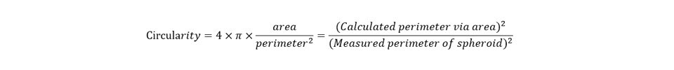 Formula for calculating Circularity. Circularity is equal to the calculated perimeter via area squared, divided by the measured perimeter of spheroid squared.