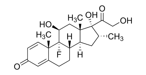 Molecular structure of dexamethasone. The structure includes molecular representations of oxygen and fluoride, with hexagons representing the carbon molecules.