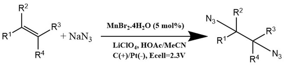 A chemical reaction involving the oxidation of a compound with multiple substituents, represented by a carbon-carbon double bond backbone with four attached groups labeled R1, R2, R3, and R4 upon reaction with sodium azide (NaN3). An arrow points to the right, indicating the direction of the reaction, with the catalyst MnBr2·4H2O noted above the arrow, alongside other reagents, including lithium perchlorate (LiClO4), acetic acid (HOAc), and acetonitrile (MeCN), along with specific electrochemical conditions, including a cell voltage of 2.6 volts. On the right side, the resulting product is shown, featuring two azide groups (N3) incorporated into the structure, with hydrogen gas (H2) as a byproduct. The entire illustration is rendered in black on a white background, providing a clean contrast that emphasizes the chemical structures and the details of the reaction conditions.