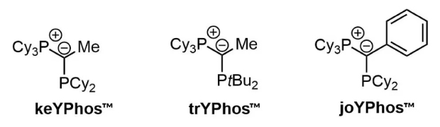 Black and white image of three phosphine structures with ylide groups labeled keYPhos™, trYPhos™, and joYPhos™, each with distinct phosphine ligands.