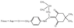 A chemical structure showing an Fmoc-Asp linked to a phenyl group and a complex aromatic compound with alkyl chains.