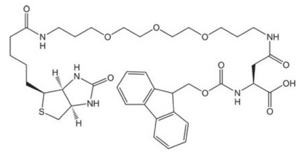 Black-and-white structure of Fmoc-Asp(biotinyl-PEG)-OH showing Fmoc, bicyclic biotin, PEG linker with ether bonds, and aspartic acid residue.