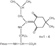 A chemical structure with an Fmoc-amino acid, a carbonyl group, and a variable alkyl chain (n=1 to 4).