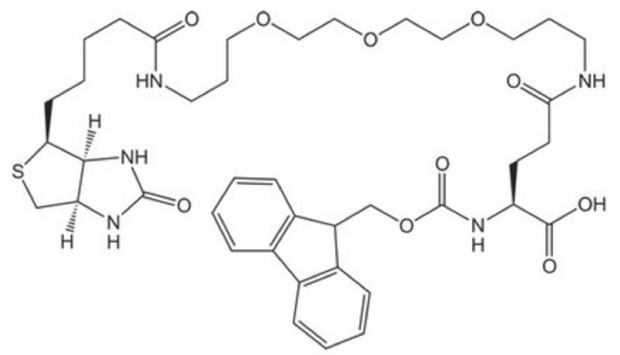 Black-and-white structure of Fmoc-Glu(biotinyl-PEG)-OH showing bicyclic biotin, Fmoc, PEG linker with ether bonds, and glutamic acid residue.