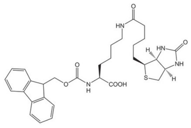 Structure of Fmoc-Lys(biotin)-OH showing bicyclic biotin linked to lysine with an Fmoc protecting group, depicted in black lines on white background.