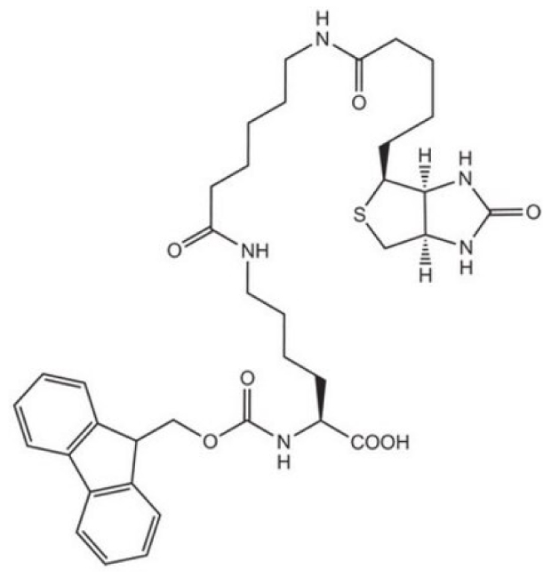 Black-and-white structure of Fmoc-Lys(biotinyl-ε-aminocaproyl)-OH showing Fmoc, lysine, ε-aminocaproyl linker, and bicyclic biotin core.