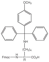 A chemical structure with three phenyl groups, an amine, and an Fmoc-amino acid linked to a four-carbon chain.