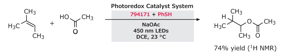Black-on-white reaction scheme shows anti-Markovnikov hydroacetoxylation of styrene using a photoredox catalyst, yielding 74% of acetoxylated product.