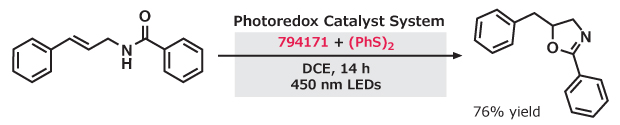 Amide hydrofunctionalization via photoredox catalysis with diphenyl disulfide, producing a modified amide in 76% yield under blue LED light.