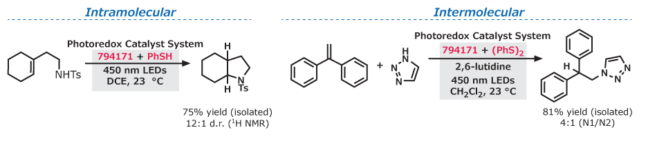 Two black reaction schemes show intra- and intermolecular hydroamination with yields and conditions, forming nitrogen-containing products on white background.