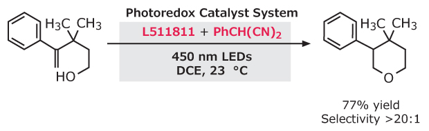 Black-on-white scheme shows a propargylic alcohol reacting via photoredox catalysis to form a carbonyl product, with labeled reagents, light, and yield.