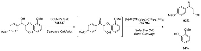 A chemical diagram depicting the reaction sequence involving Bobbitt's Salt (745537) for selective oxidation, followed by the use of [Ir(dFCF3ppy)2(dtbbpy)]PF6 (747793) for selective C-O bond cleavage. The diagram shows the starting material and the resulting products with their respective yields (93% and 94%).