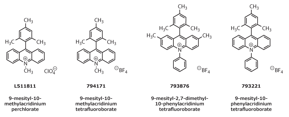 The image shows four chemical structures of propargylic and allylic alcohols, featuring acridinium cores with varying substituents, all in black on a white background.