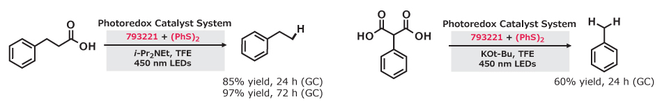 Hydrodecarboxylation of tertiary and malonic acids using photoredox catalysis with catalyst 793221 and diphenyl disulfide under blue light.
