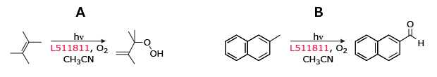 Light-promoted oxygenation of alkene and aromatic substrates with L511811 in CH₃CN, forming alcohol and ketone products via selective oxidation.