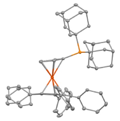 A three-dimensional molecular structure featuring a central transition metal atom coordinated to multiple ligands. The structure includes several phenyl rings and bulky substituents, characteristic of a sterically demanding phosphine ligand. Two large ligands are connected through phosphorus atoms, each bonded to aromatic rings and additional substituents, creating a highly congested coordination environment. The metal center exhibits a square planar or distorted tetrahedral geometry, and it is bound to both phosphorus atoms and to two cyclopentadienyl-like rings that are nearly coplanar. The atomic bonds and elements are represented using ball-and-stick notation, with the metal-ligand bonds clearly highlighted.