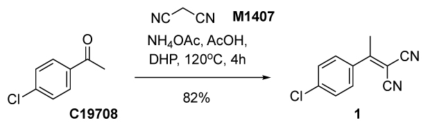 A chemical reaction scheme depicting the synthesis of 2-(4-chlorophenyl)malononitrile. It consists of molecular structures drawn in black on a white background, showing reactants, reagents, conditions, and the final product. On the left, the reactants are 4'-chloroacetophenone, which has a benzene ring with a chlorine atom attached at the para position and a ketone group, and malononitrile, which has a central carbon bonded to two cyano groups. A rightward arrow indicates the reaction conditions: ammonium acetate (NH₄OAc) and acetic acid (AcOH) in dihydropinene (DHP) at 120°C for 4 hours. On the right, the product, 2-(4-chlorophenyl)malononitrile, is shown with a benzene ring bearing a chlorine substituent and a malononitrile moiety. Below the product, the reaction yield of 82% is specified.