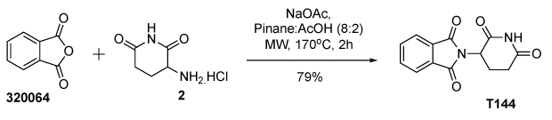 A chemical reaction scheme illustrating the synthesis of thalidomide through a reaction involving sodium acetate in a mixture of pinane and acetic acid in an 8:2 ratio under microwave heating at 170°C for 2 hours. The reactants depicted on the left, include phthalic anhydride and 3-aminopiperidine-2,6-dione. A rightward arrow labeled with reaction conditions leads to the product on the right, which maintains core structural elements but shows modifications indicative of the reaction. Below the product, a yield of 79% is specified. 