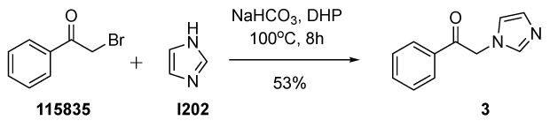 A chemical reaction scheme illustrating the synthesis of 2-(1H-imidazol-1-yl)-1-phenylethanone (3) from 2-bromoacetophenone and imidazole. The starting material, 2-bromoacetophenone, is shown with a bromine atom attached to the acetophenone moiety. The reaction involves imidazole, represented by its nitrogen-containing heterocyclic structure. The synthesis is carried out in the presence of sodium bicarbonate and dihydropinene as a solvent at a temperature of 100 degrees Celsius for 8 hours. The reaction yields 53% of the final product, 2-(1H-imidazol-1-yl)-1-phenylethanone, which is depicted with the imidazole ring linked to the acetophenone structure, replacing the bromine atom.
