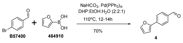 A chemical reaction scheme illustrating the synthesis of 4-(furan-2-yl)benzaldehyde from 4-bromo benzaldehyde and 2-furan boronic acid. The starting material, 4-bromo benzaldehyde, is depicted with a bromine atom attached to a benzaldehyde ring. The reaction involves 2-furan boronic acid, shown with a boronic acid group attached to a furan ring. The synthesis is conducted using sodium bicarbonate and a palladium catalyst, Pd(PPh3)4, in a solvent mixture of pinane, ethanol, and water in a 2:2:1 ratio, at a temperature of 110 degrees Celsius for 12 to 14 hours. The reaction yields 70% of the final product, 4-(furan-2-yl)benzaldehyde, which is depicted with the furan ring linked to the benzaldehyde structure, replacing the bromine atom.