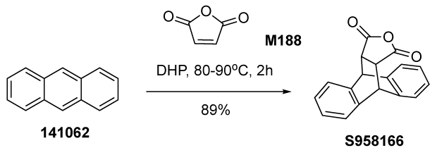 Diels-Alder cycloaddition reaction between anthracene and maleic anhydride. Anthracene is depicted as a three-ring aromatic hydrocarbon structure, while maleic anhydride is shown with a cyclic anhydride group. The reaction is facilitated in DHP as a solvent at a temperature range of 80 to 90 degrees Celsius for 2 hours. The resulting product is a cycloaddition compound, where the maleic anhydride has formed a new eight-membered ring with anthracene, indicating successful Diels-Alder reaction. The process yields 89% of the final cycloadduct, showcasing the transformation of the reactants into a more complex cyclic structure.