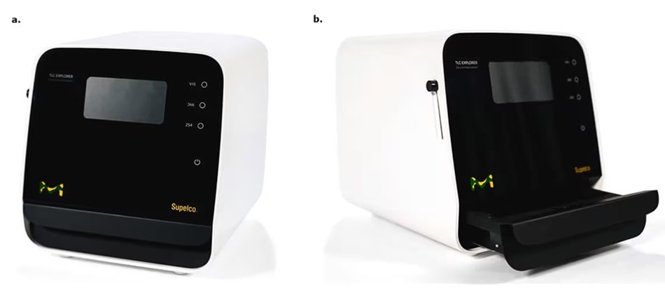 TLC Explorer Two views of the TLC Explorer system, with closed (a) and open tray (b) configurations.