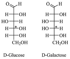 Structural formulae of glucose and galactose.