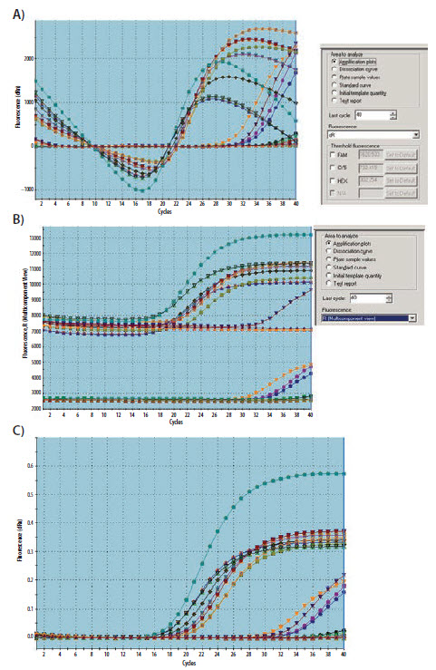 Amplification plots were clearly abnormal with a section of the profile dipping below the baseline