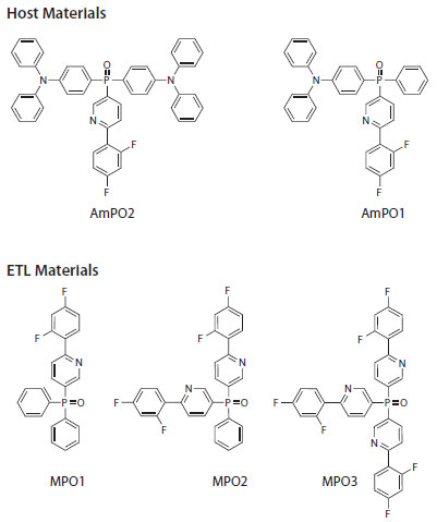 Figure 6. Difluorophenylpyridine-substituted phosphine oxide (DFppy-PO) host (top) and ETL (bottom) materials.