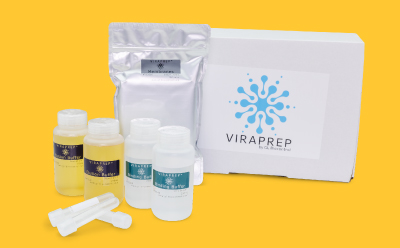 VIRAPREP® kit including binding and elution buffers, membranes, and sterile tubes for concentrating coliphages.